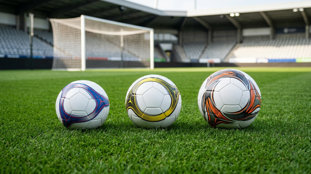 Soccer ball size guide showing Size 3, Size 4 and Size 5 balls