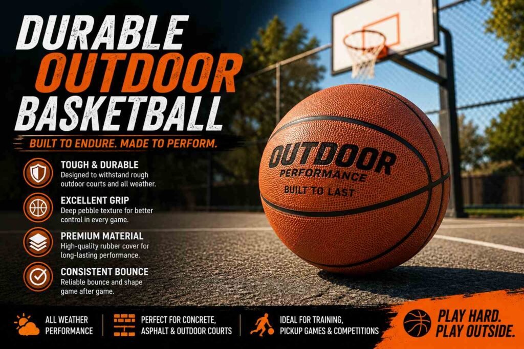 Durable outdoor basketball on an outdoor basketball court