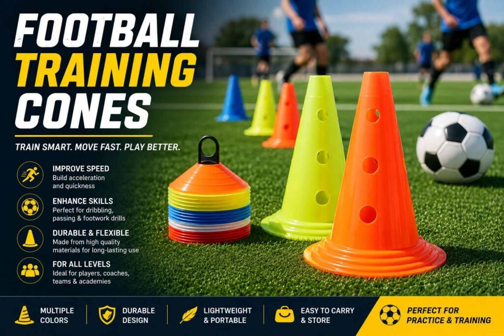 Football training cones arranged on a soccer field for drills