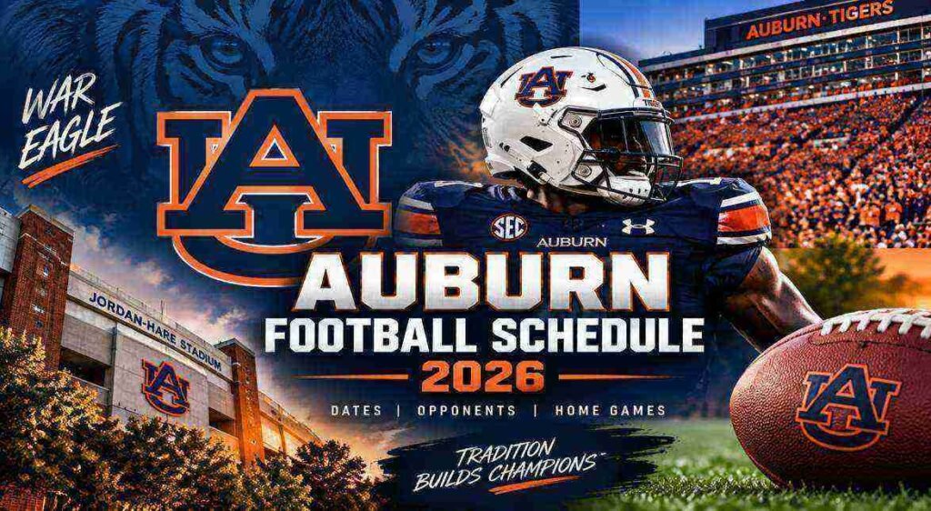 Auburn football schedule 2026 with Auburn Tigers football imagery and game dates