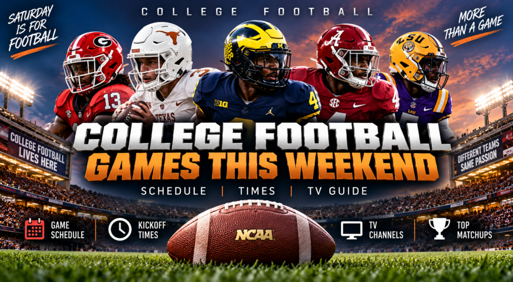 College football games this weekend 2026 schedule with football players, stadium, teams and TV guide