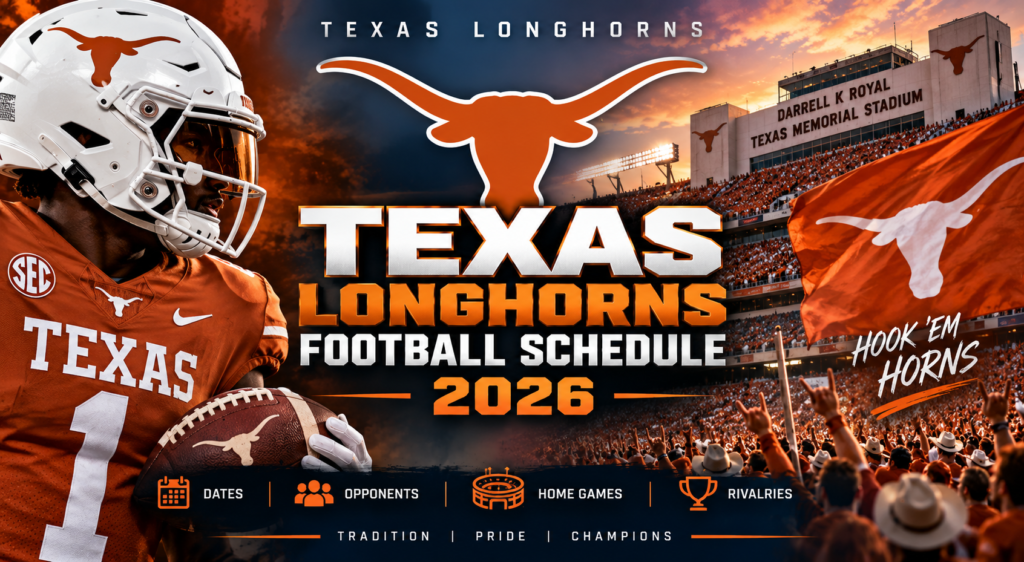 Texas Longhorns football schedule 2026 featuring the Longhorns, football stadium, and game schedule